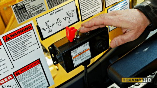 Heavy duty mechanic demonstrating where to flip the switch to engage the excavator
