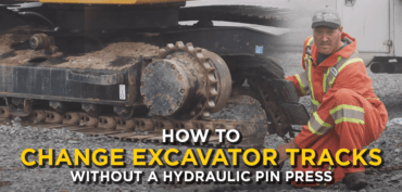 Heavy mechanic sitting next to an excavator with title text "How to change excavator tracks without a hydraulic pin press"