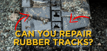 Image with text overlay saying "Can You Repair Rubber Tracks?" with imagery of a torn rubber track in the background